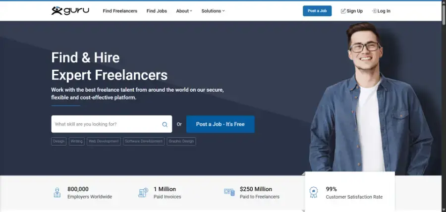 Guru homepage showing its freelancer marketplace and platform statistics, our pick for long-term client relationships