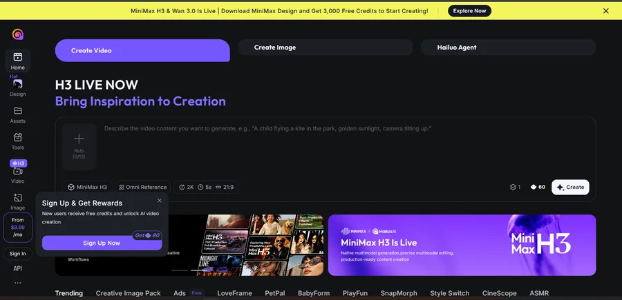 Hailuo AI MiniMax H3 video generation homepage