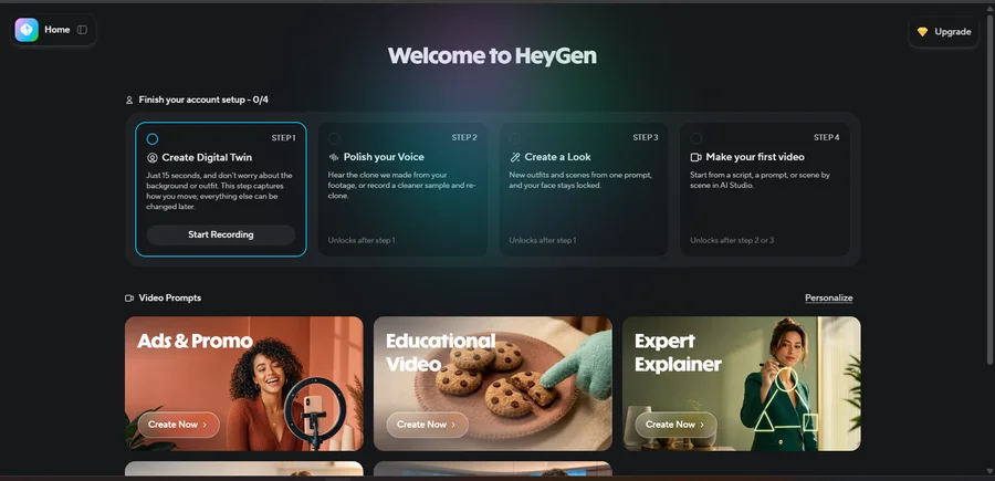 HeyGen AI avatar video creation dashboard with digital twin and video prompt templates