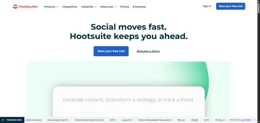 Hootsuite homepage showing its social media management platform