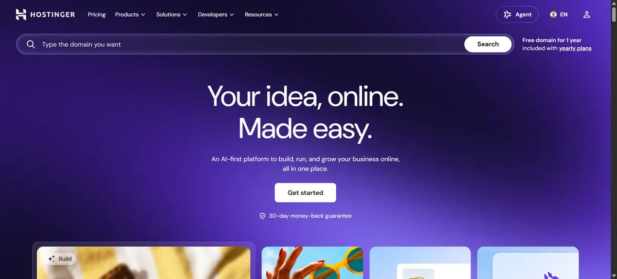 Hostinger homepage showing its AI-first hosting platform