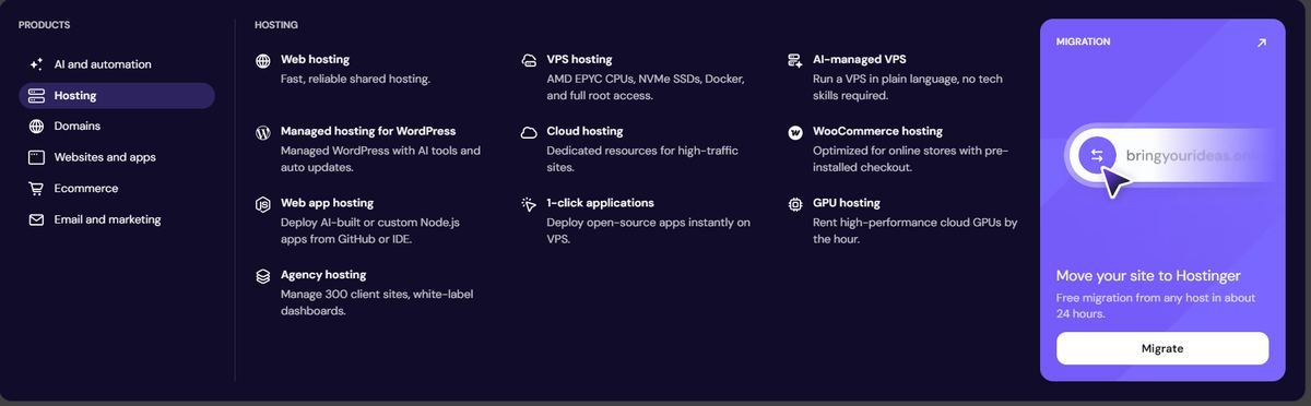 Hostinger hosting products menu including managed WordPress hosting