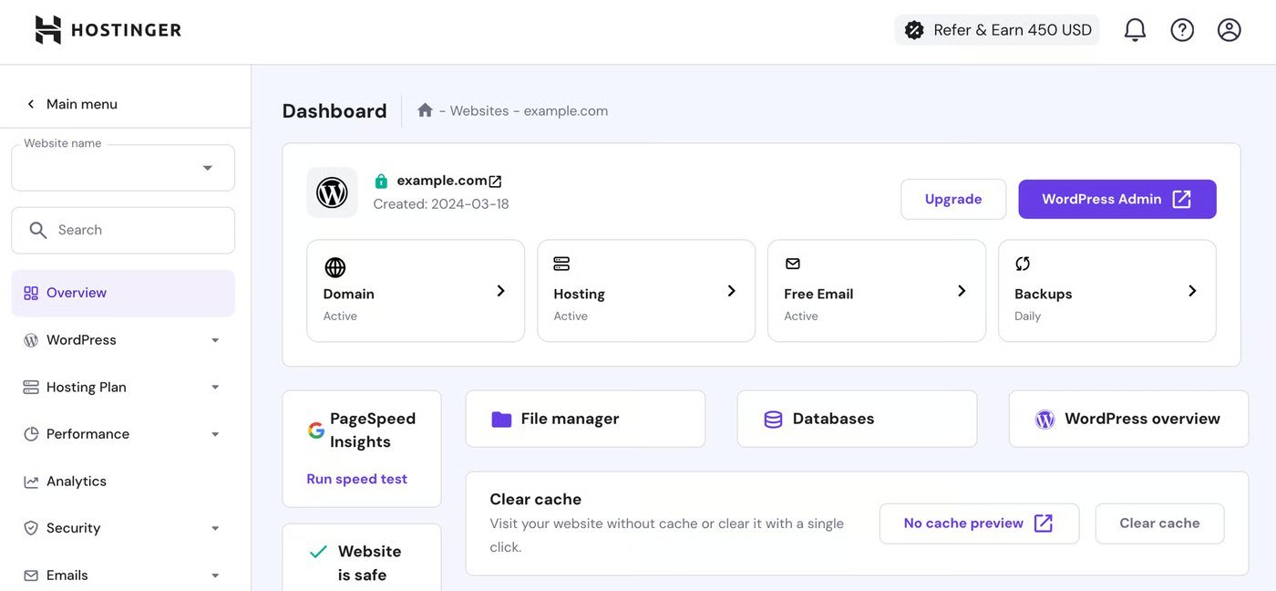 Hostinger hPanel dashboard showing domain, hosting, email and backup shortcuts