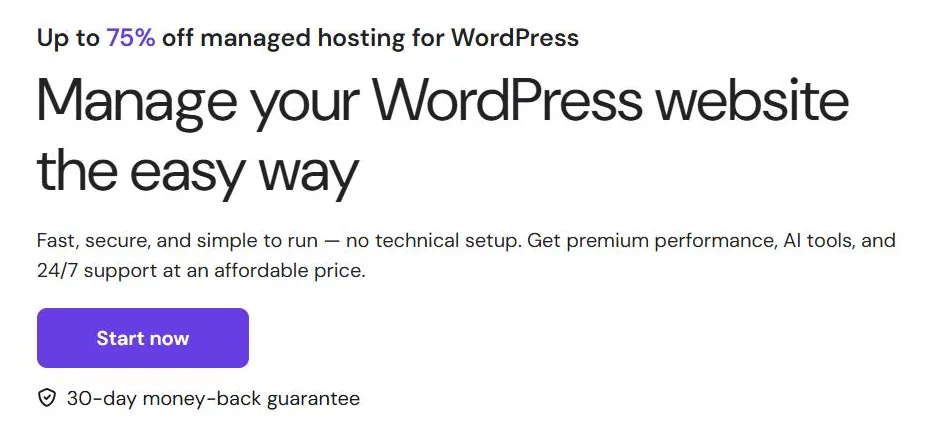 Hostinger managed WordPress hosting page headline with 30-day money-back guarantee