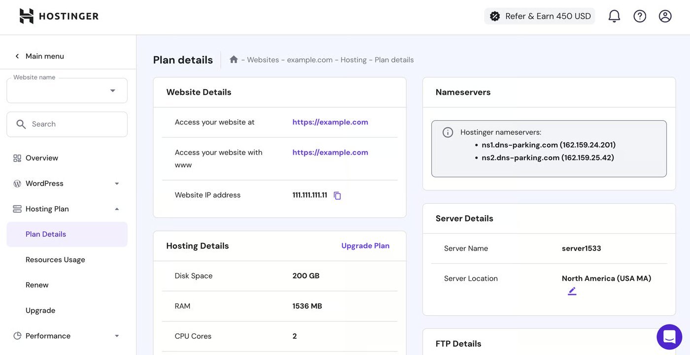 Hostinger hPanel plan details page showing disk space, RAM and CPU core allocation