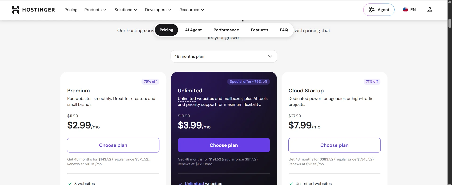 Hostinger Premium, Unlimited and Cloud Startup pricing plans showing 48-month term discounts