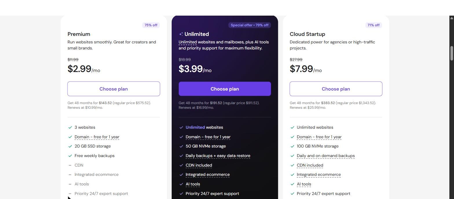 Hostinger WordPress hosting plans and pricing page
