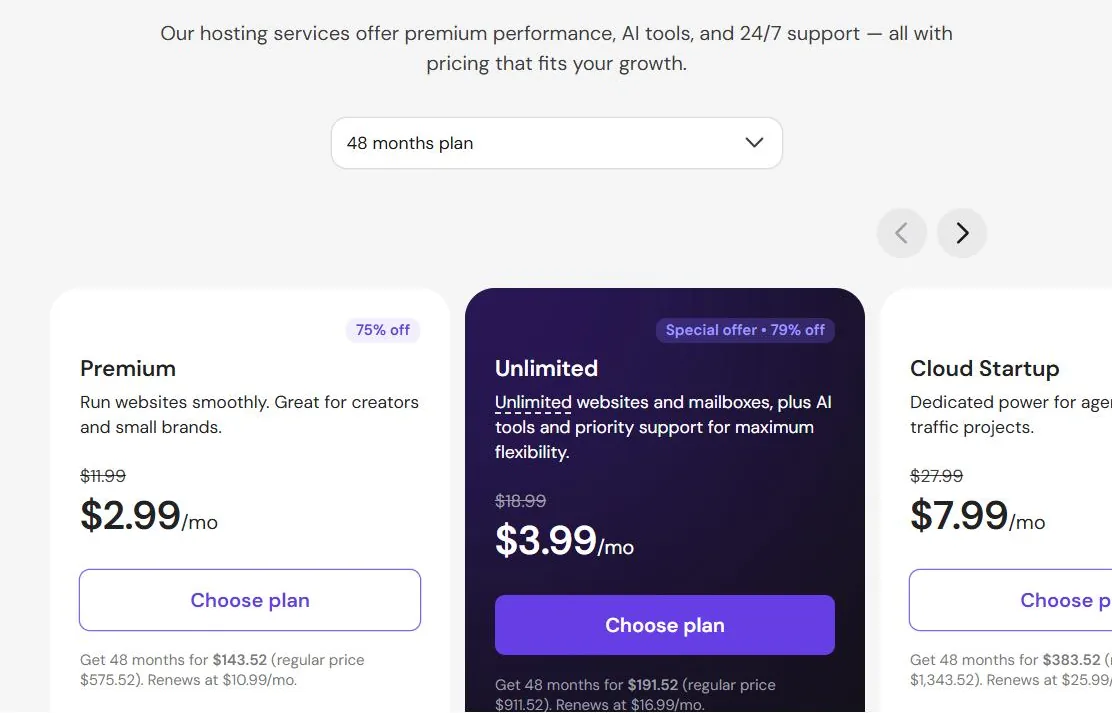 Hostinger vs WordPress.com pricing: Hostinger Premium, Unlimited and Cloud Startup WordPress hosting plans on a 48-month term