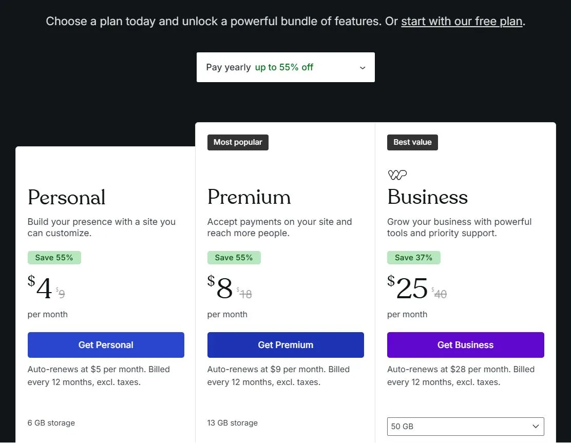 WordPress.com pricing page in US dollars showing Personal, Premium and Business plans with auto-renewal prices