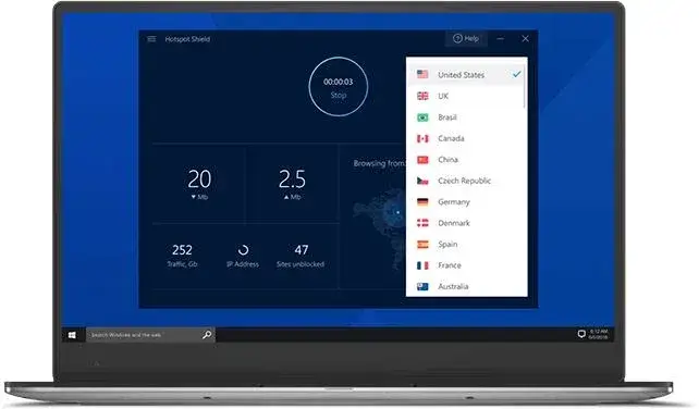 Hotspot Shield desktop app connected with speed and traffic statistics and a country list