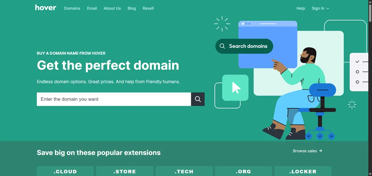 Hover homepage for buying a domain name