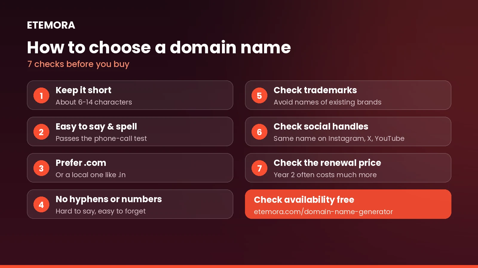 How to choose a domain name: 7-point checklist covering length, spelling, extension, hyphens, trademarks, social handles and renewal price