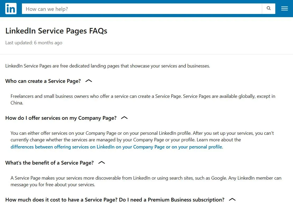 How to start freelancing with LinkedIn Service Pages: official FAQ showing Service Pages are free and available globally except China