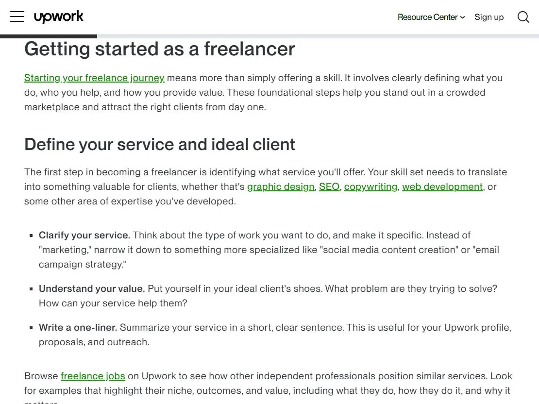 How to start freelancing with no experience: Upwork guide section on defining your service and ideal client