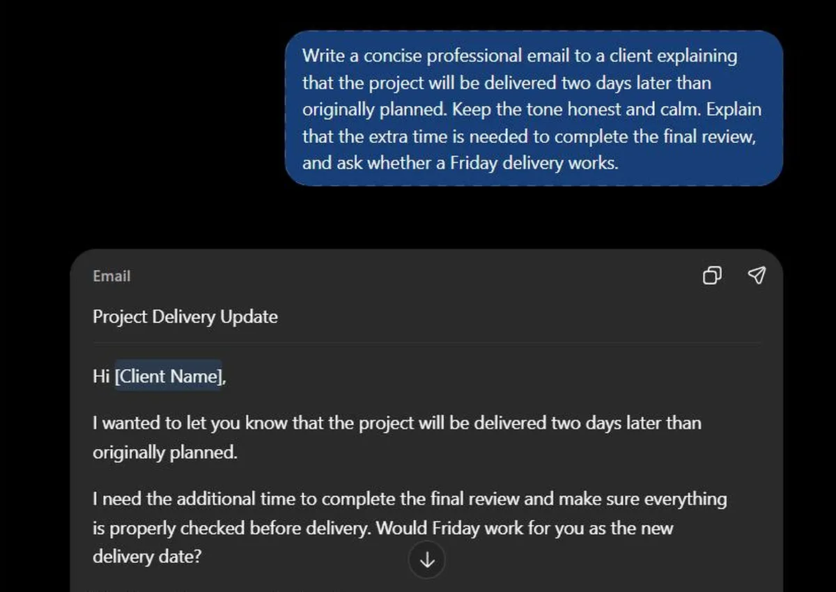ChatGPT interface drafting a professional client email about a two-day project delay, a practical workplace AI example