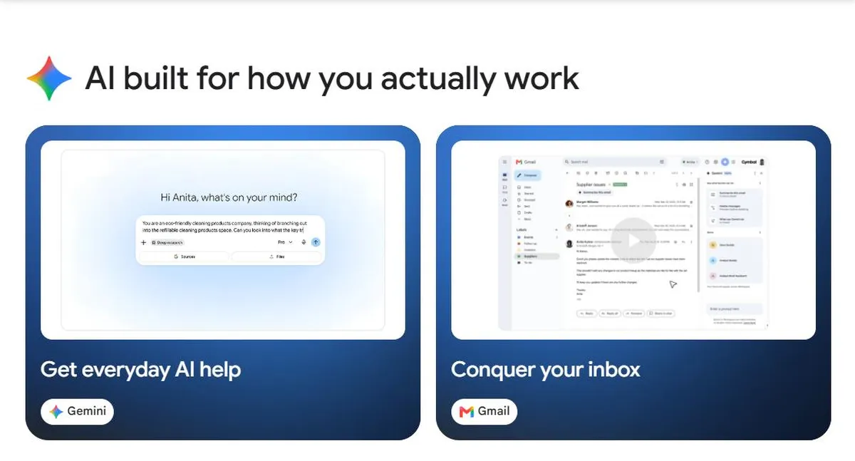 How to use AI for work inside Google Workspace: Gemini app and Gemini in Gmail on the official Workspace AI page