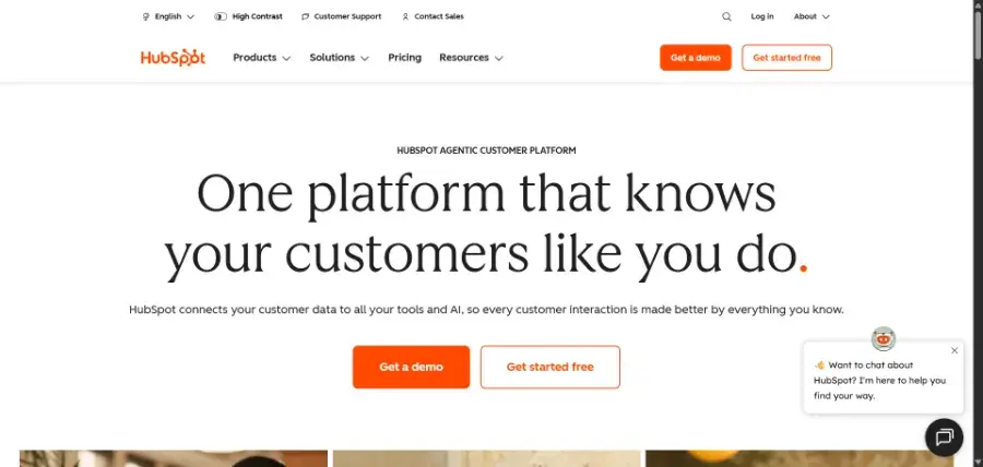 HubSpot homepage showing its all-in-one customer platform