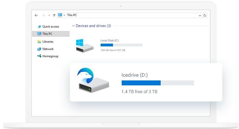 Icedrive mounted as drive D in Windows File Explorer showing 1.4 TB free of 3 TB