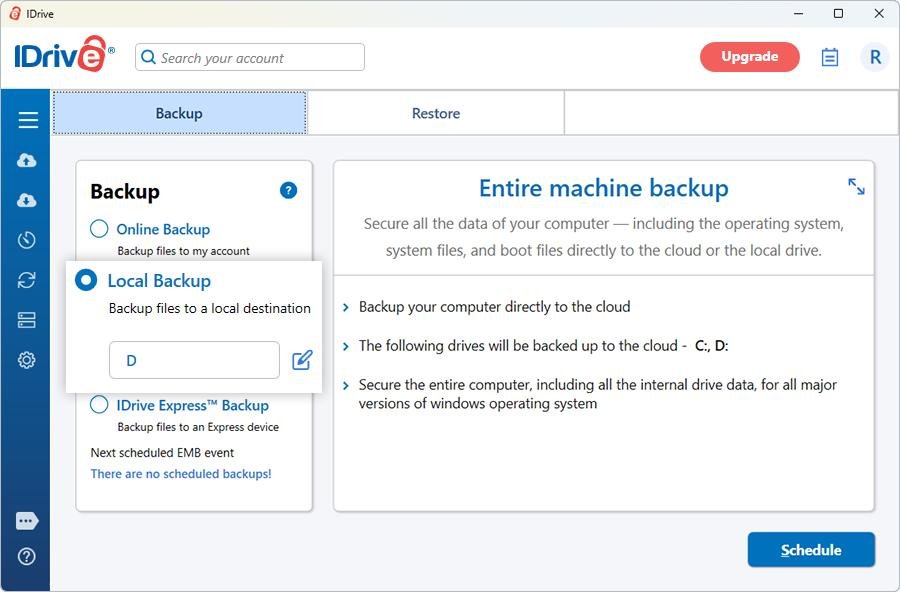 IDrive backup console showing online backup, local backup and entire machine backup options