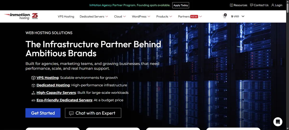 InMotion Hosting homepage showing its VPS and dedicated server hosting