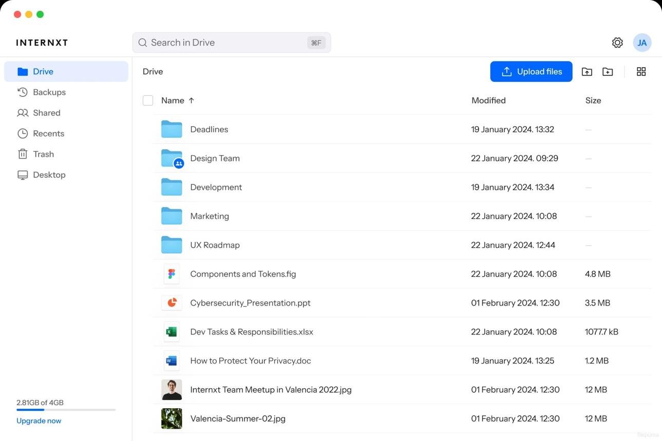 Internxt Drive file list showing folders, documents and storage usage