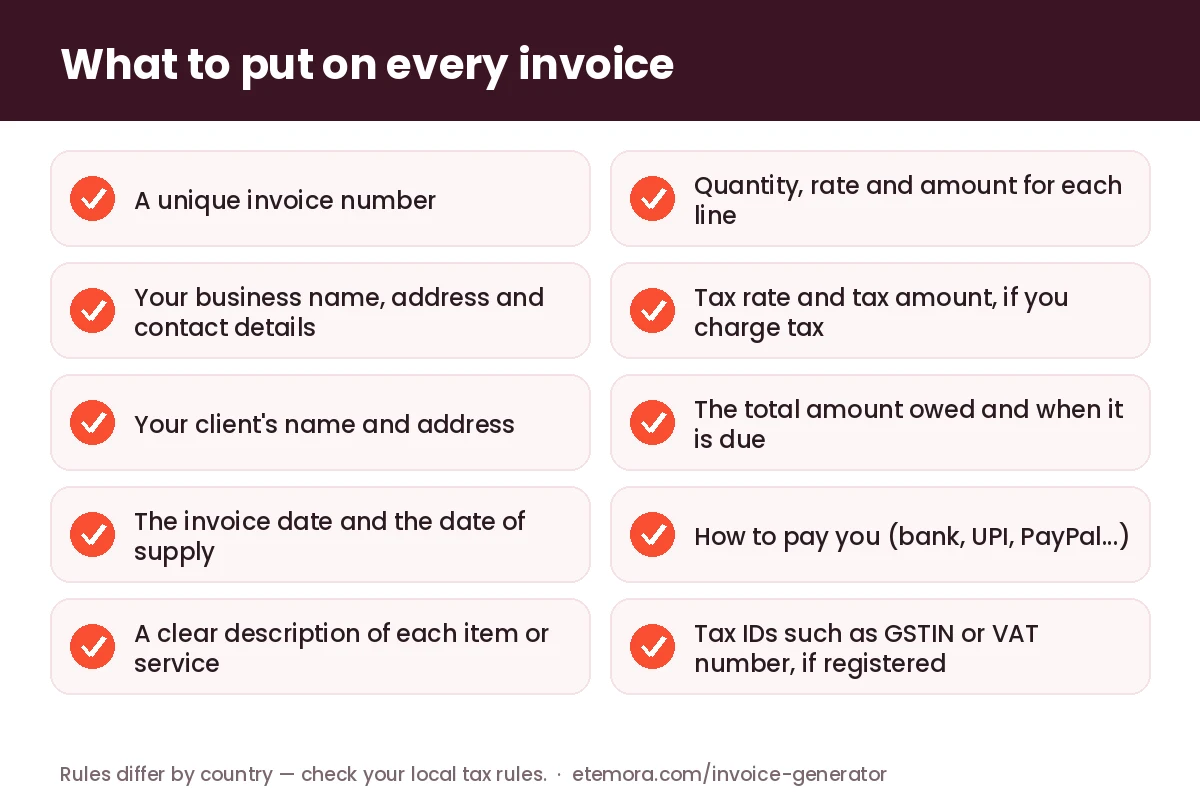 Invoice generator checklist: what to put on every invoice, from invoice number and dates to tax, total and payment details