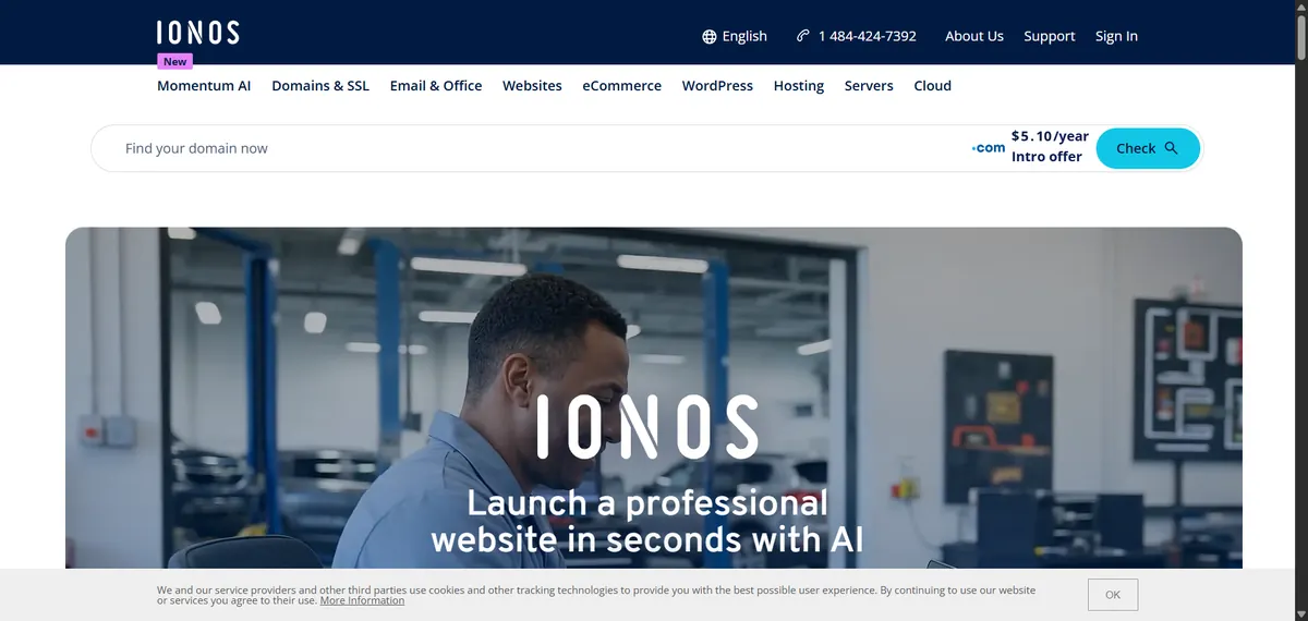 IONOS homepage showing a .com domain intro offer