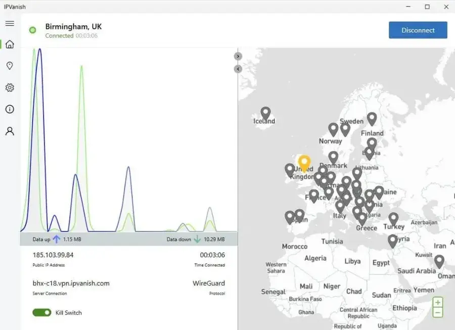 IPVanish app connected to Birmingham UK showing throughput graph, server map and kill switch