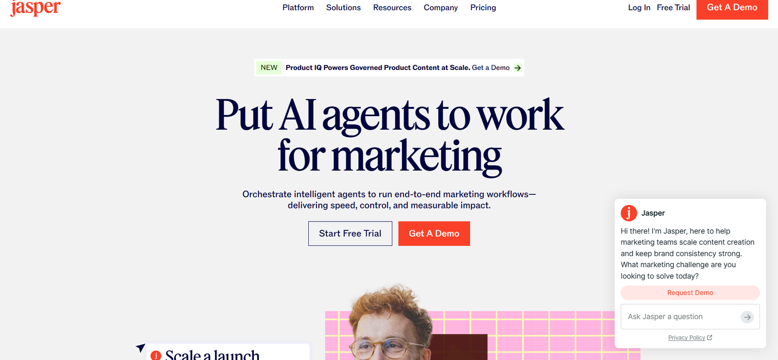 Jasper homepage showing its AI agents for marketing platform