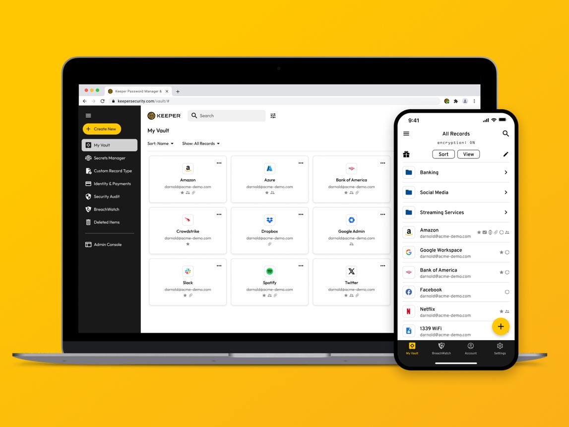 Keeper password manager dashboard on laptop and mobile