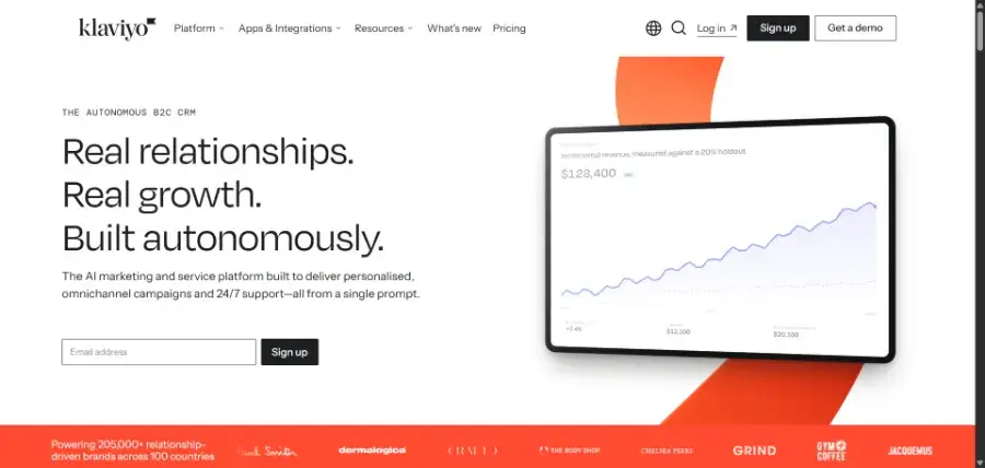 Klaviyo homepage showing its ecommerce marketing and CRM platform