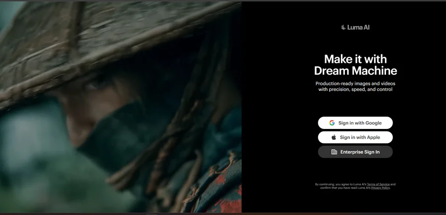 Luma AI Dream Machine sign-in screen for creative video generation