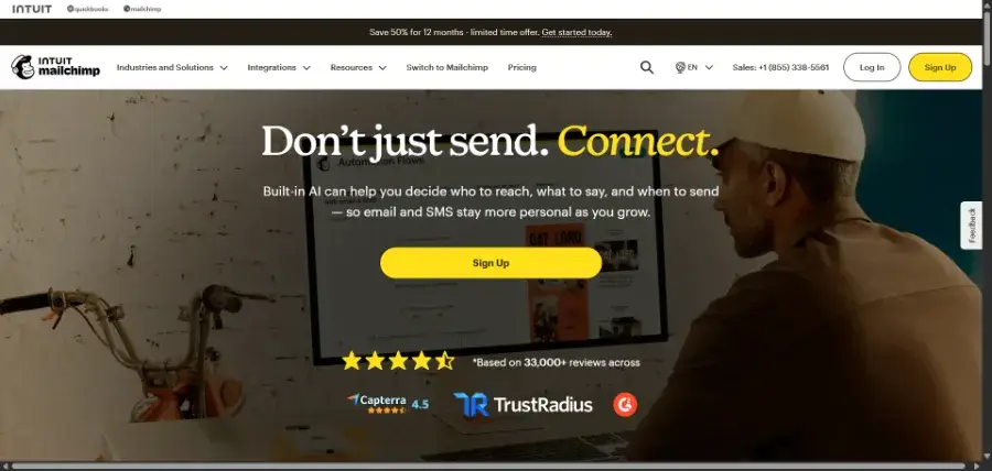 Intuit Mailchimp homepage showing its email and SMS marketing platform