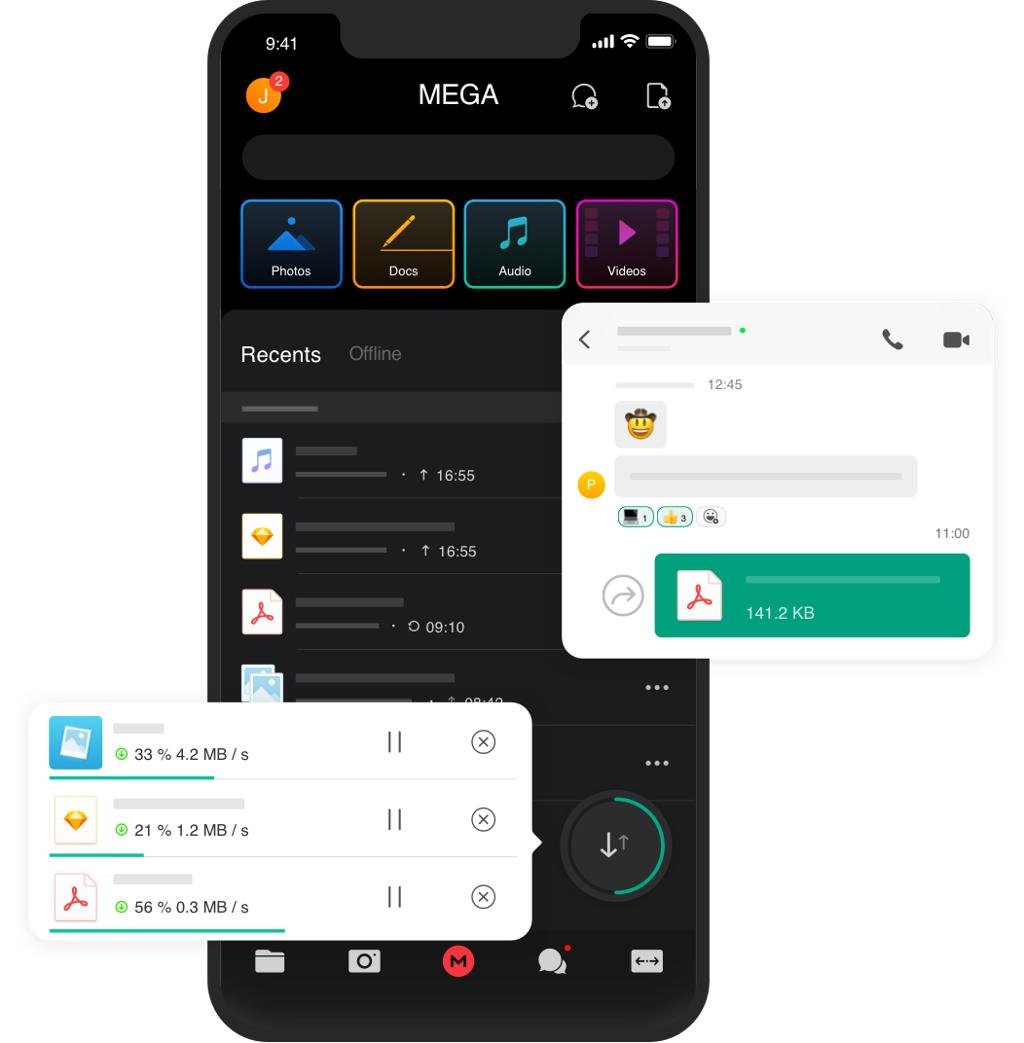 MEGA mobile app showing photos, docs, audio and video sections with active transfers