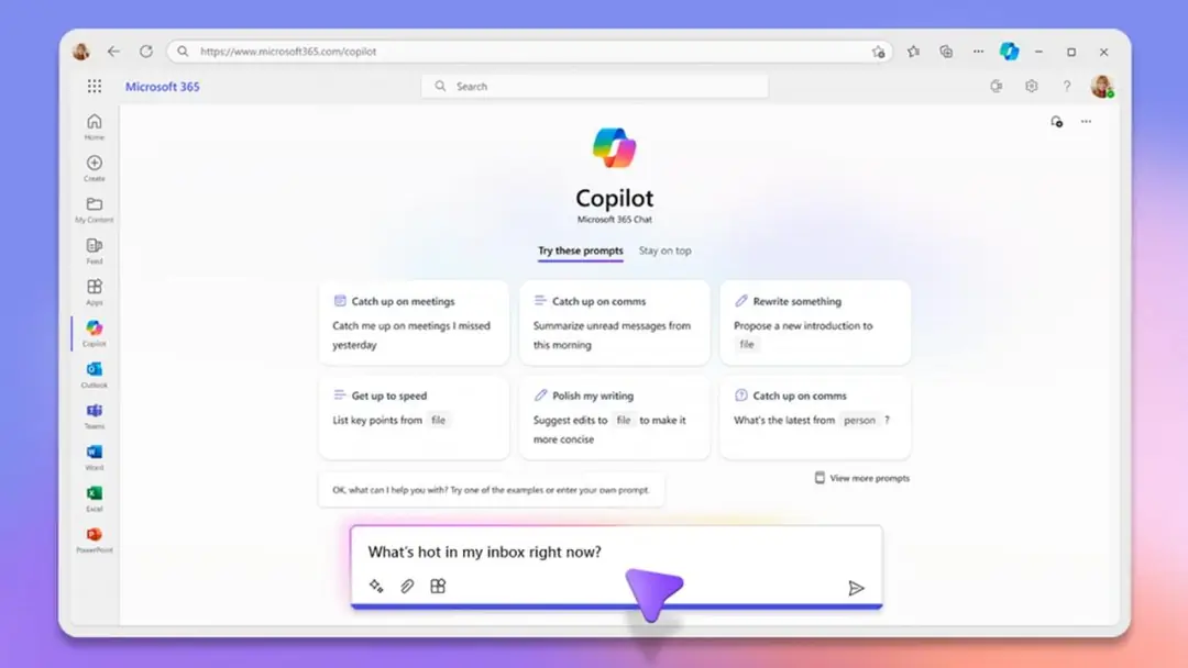 Microsoft 365 Copilot chat suggesting work prompts, one of the best AI tools for work in 2026