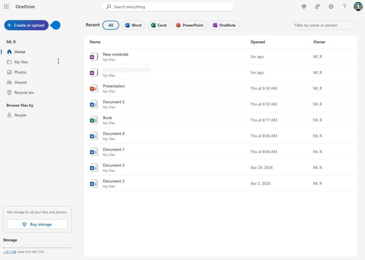 Microsoft OneDrive web interface listing recent Word, Excel and PowerPoint documents