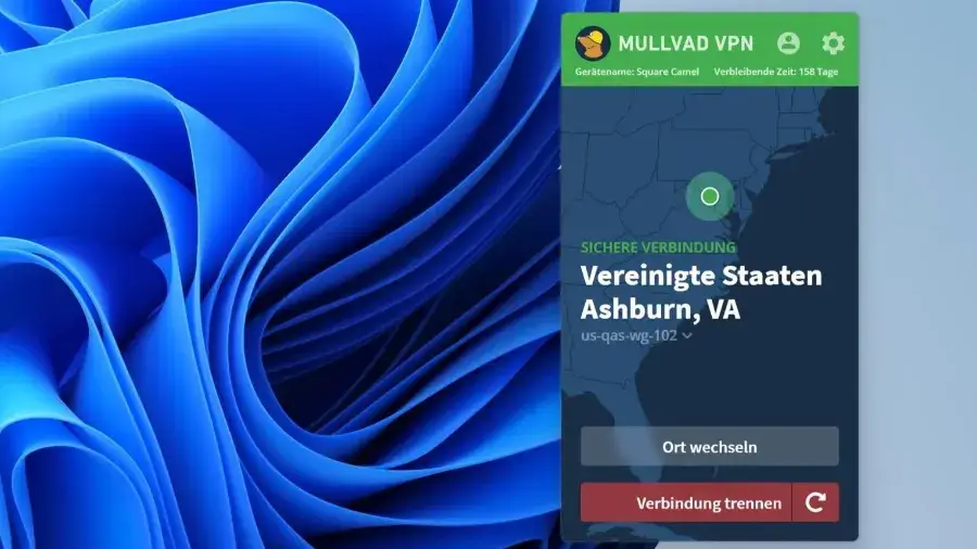 Mullvad VPN desktop app showing a secure connection to a United States server