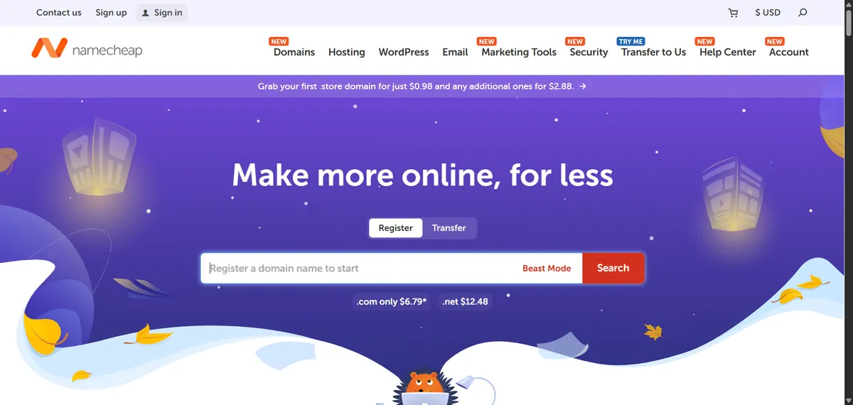 Namecheap homepage advertising .com domains at $6.79