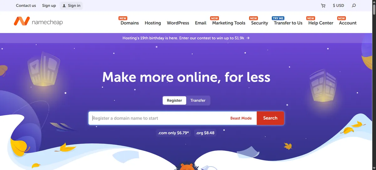 Namecheap homepage showing domain registration and hosting