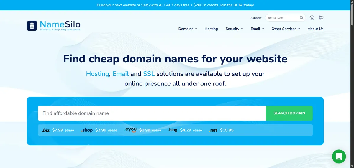NameSilo homepage showing cheap domain name pricing