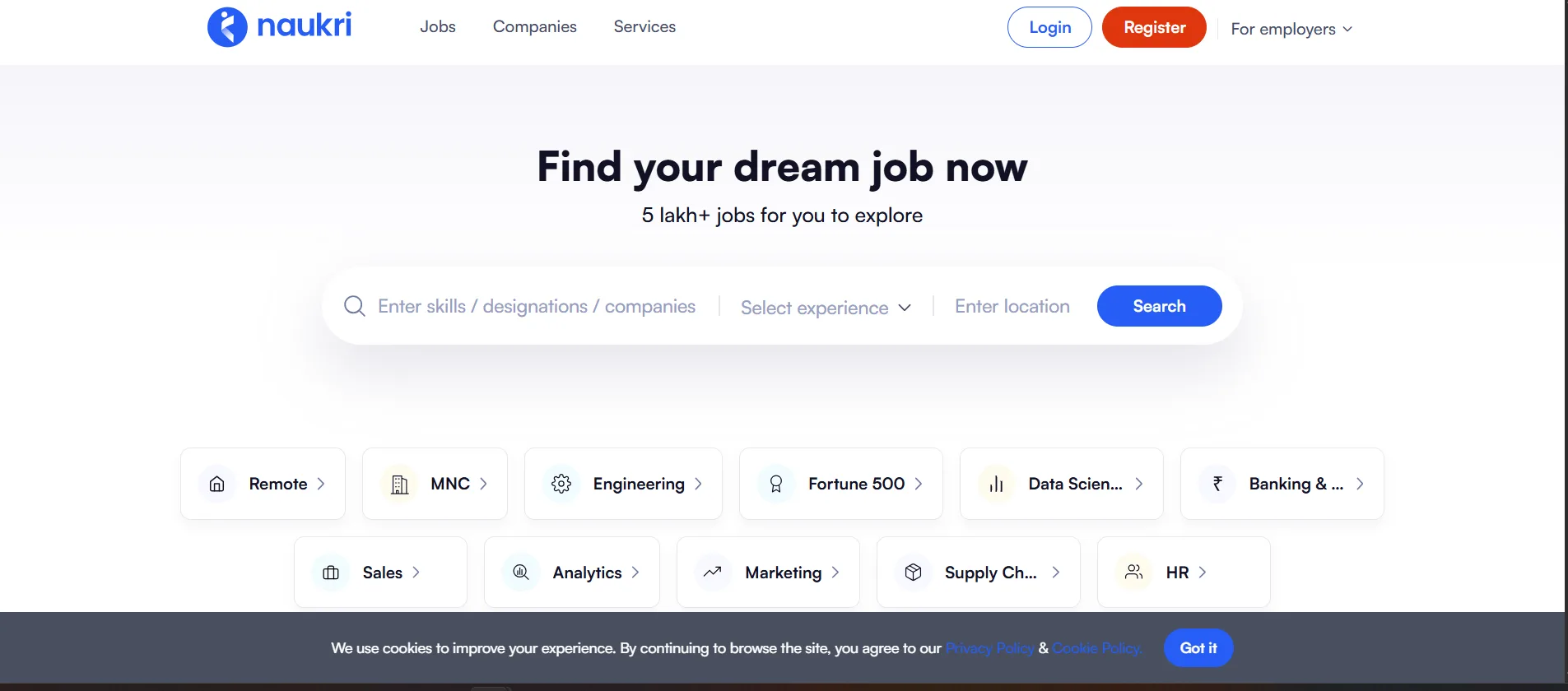 Naukri homepage for India-based job search including remote roles