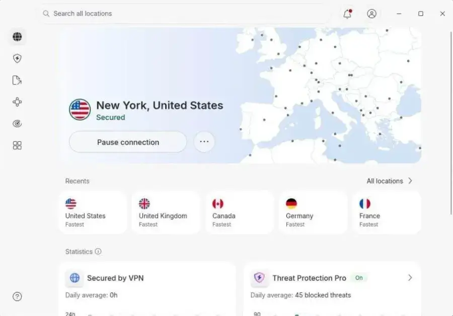 NordVPN desktop app, our pick among the best VPN services of 2026, connected to a New York server