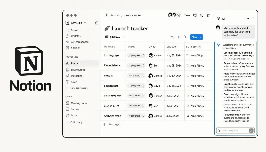 Notion AI writing summaries into a launch tracker database, one of the best AI tools for work in 2026