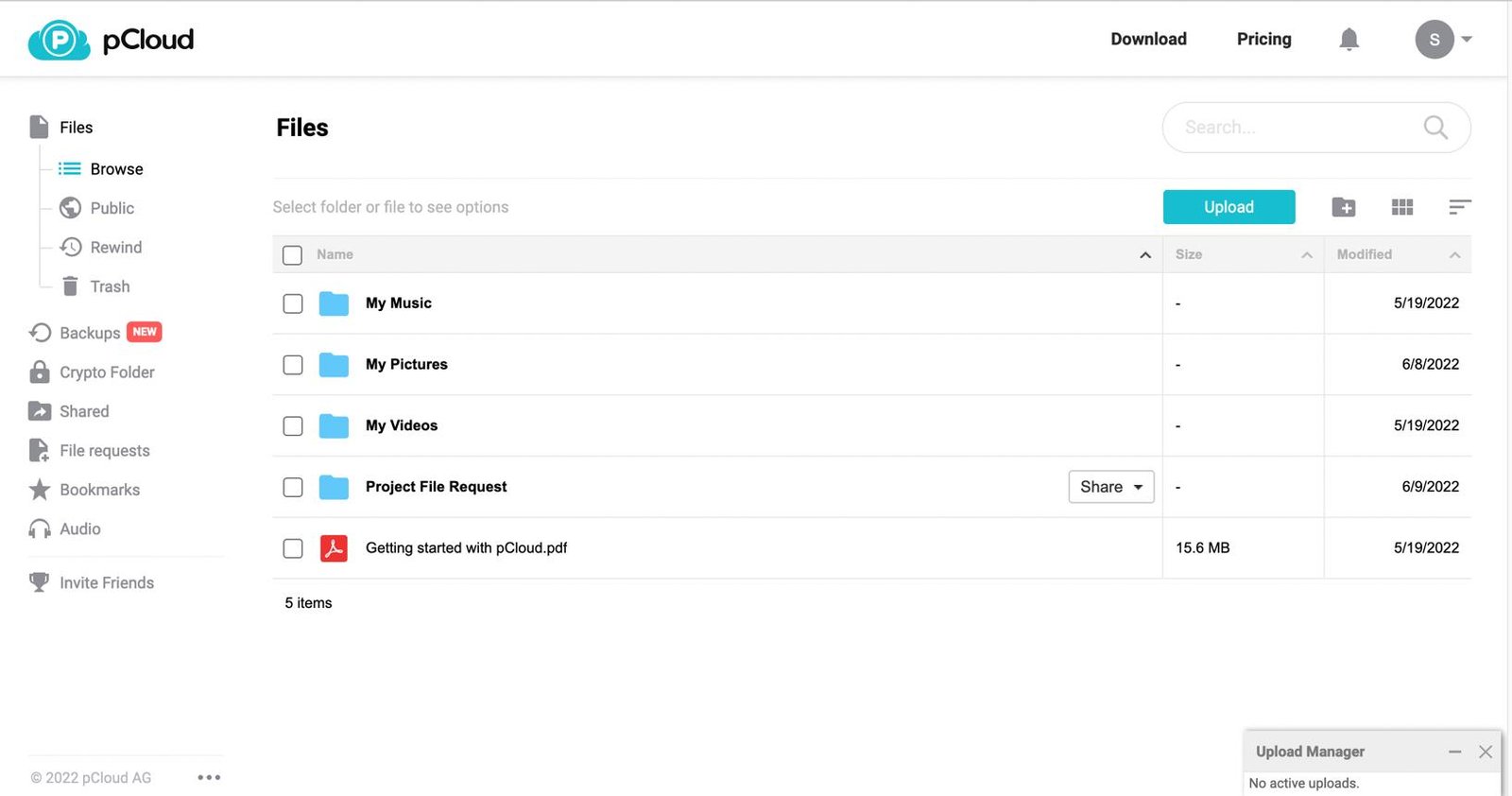 pCloud web dashboard showing files, crypto folder, backups and file requests in the sidebar