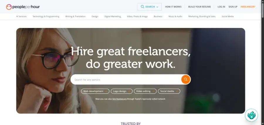 PeoplePerHour homepage with service categories, our pick for UK and European freelance clients