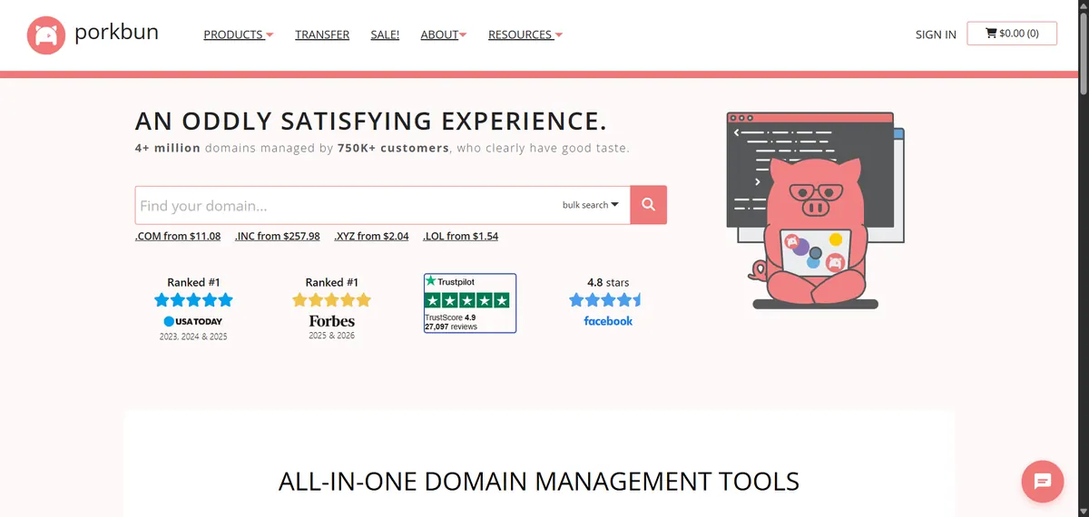 Porkbun homepage showing .COM domains from $11.08