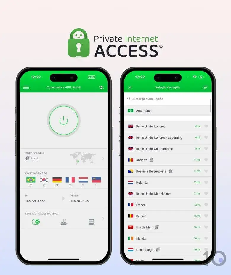Private Internet Access mobile app connected and showing its region selection list
