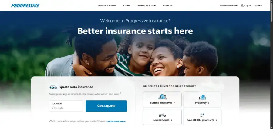 Progressive homepage showing its auto insurance quote tool and product bundles, our pick for coverage options