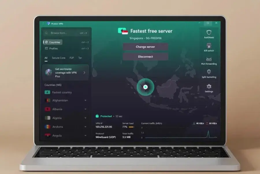 Proton VPN desktop app connected to a fastest free server with NetShield, kill switch and Secure Core options