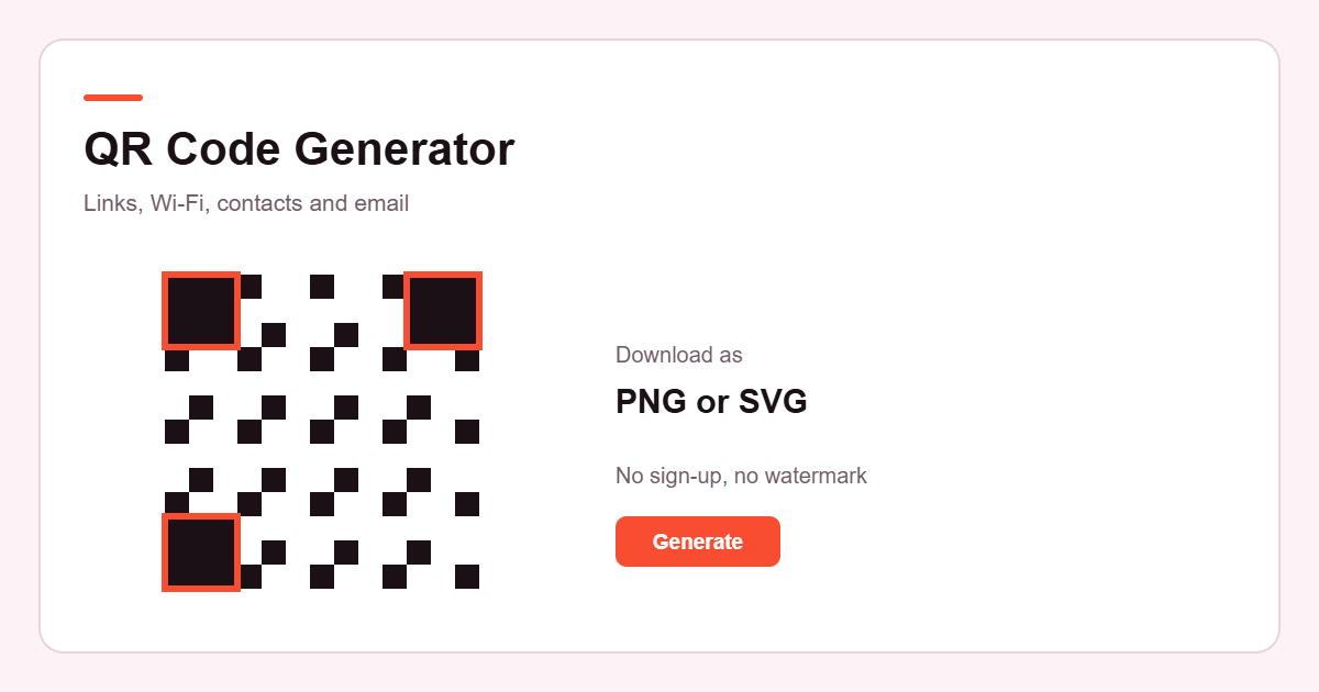 QR code generator illustration showing a generated QR code downloadable as PNG or SVG